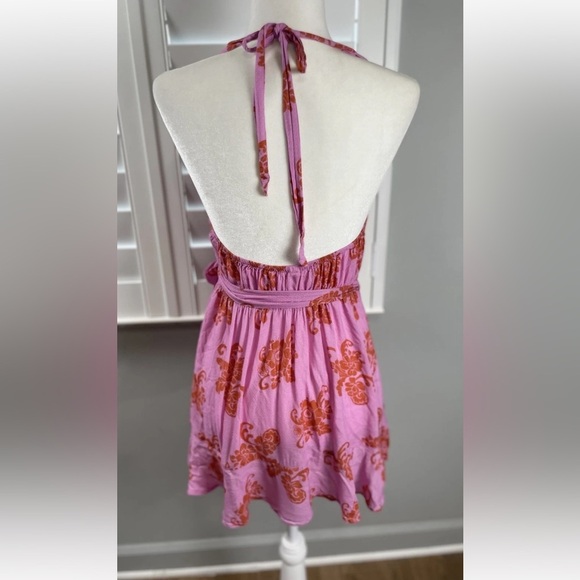 By Anthropologie Halter Neck Ruffle Wrap Mini Dress/Cover Up XXS Pink Floral - Picture 5 of 16